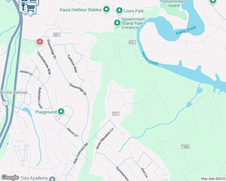 map of restaurants, bars, coffee shops, grocery stores, and more near 3 Oleander Drive in Stafford