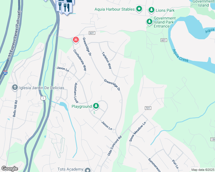 map of restaurants, bars, coffee shops, grocery stores, and more near 36 Greenridge Drive in Stafford