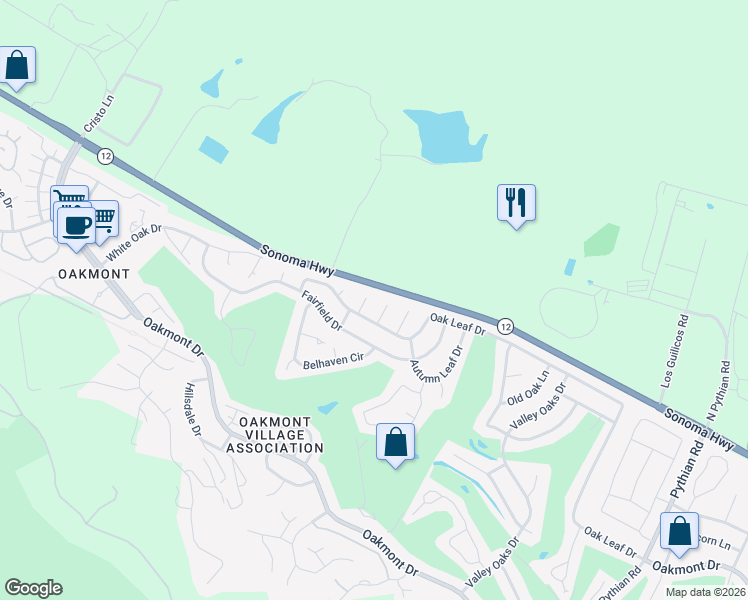 map of restaurants, bars, coffee shops, grocery stores, and more near 7 Oakcrest Place in Santa Rosa