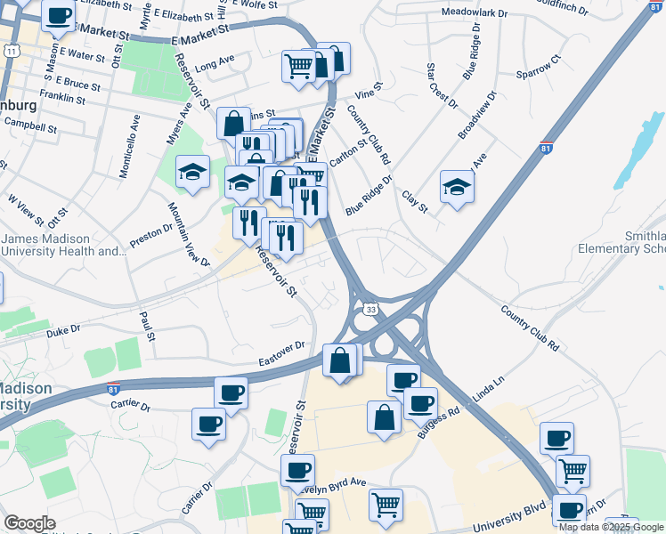 map of restaurants, bars, coffee shops, grocery stores, and more near 90 Dutch Mill Court in Harrisonburg