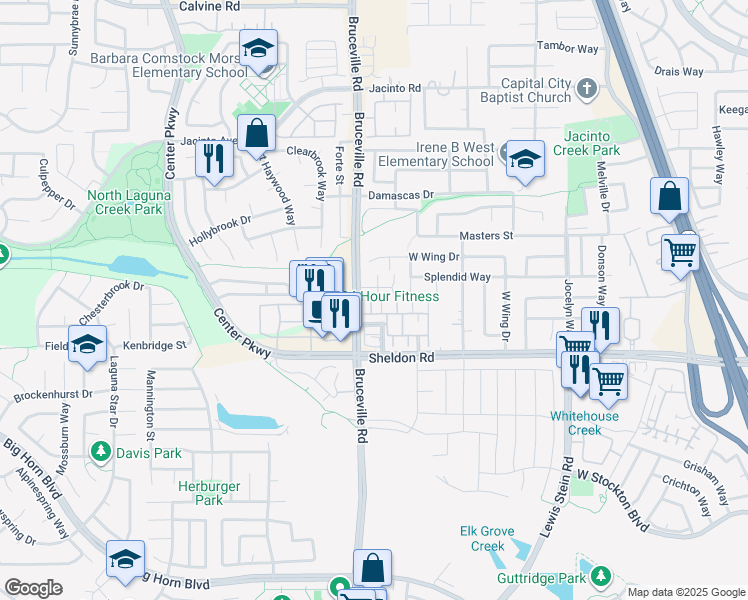 map of restaurants, bars, coffee shops, grocery stores, and more near 6 Seasmoke Place in Elk Grove