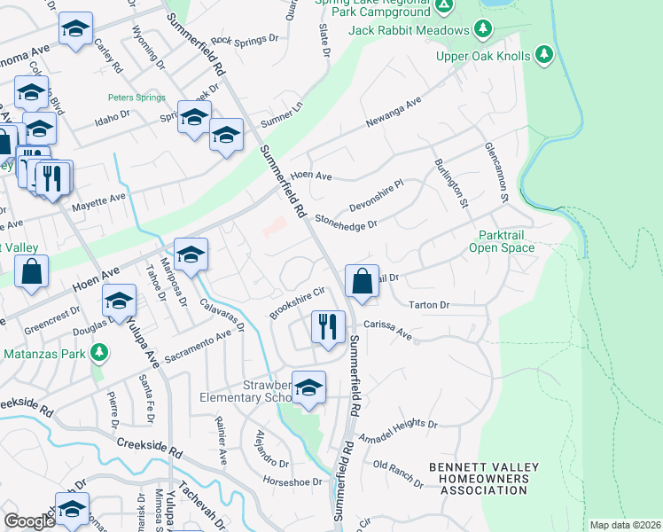 map of restaurants, bars, coffee shops, grocery stores, and more near Summerfield Road in Santa Rosa