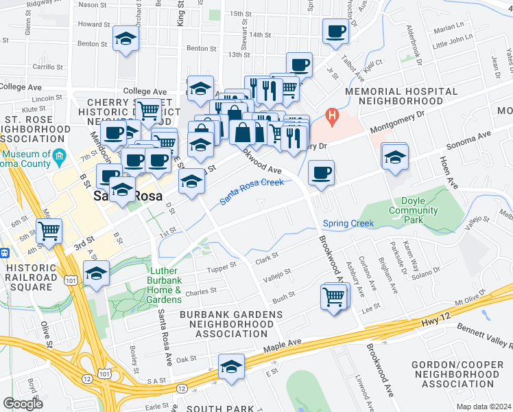 map of restaurants, bars, coffee shops, grocery stores, and more near 877 Sonoma Avenue in Santa Rosa