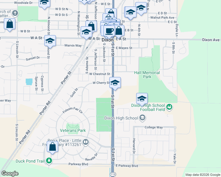 map of restaurants, bars, coffee shops, grocery stores, and more near 125 West Cherry Street in Dixon