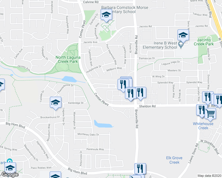 map of restaurants, bars, coffee shops, grocery stores, and more near 6910 Hampton Cove Way in Sacramento