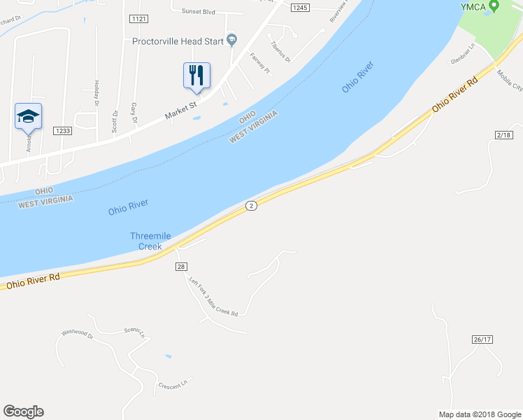 map of restaurants, bars, coffee shops, grocery stores, and more near 5361 Ohio River Road in Huntington