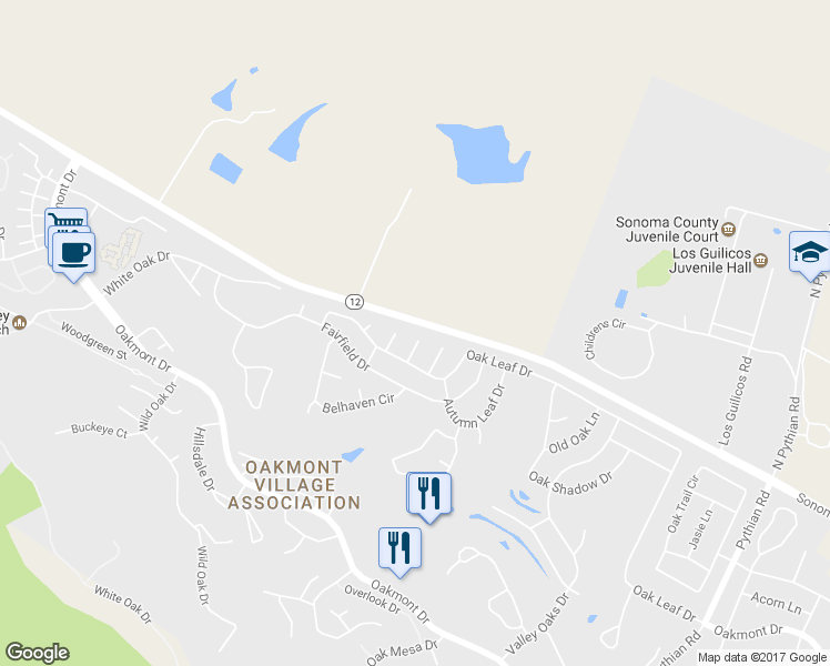 map of restaurants, bars, coffee shops, grocery stores, and more near 7 Oakcrest Place in Santa Rosa