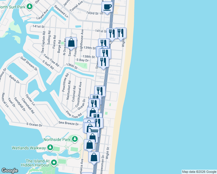 map of restaurants, bars, coffee shops, grocery stores, and more near 13400 Coastal Highway in Ocean City