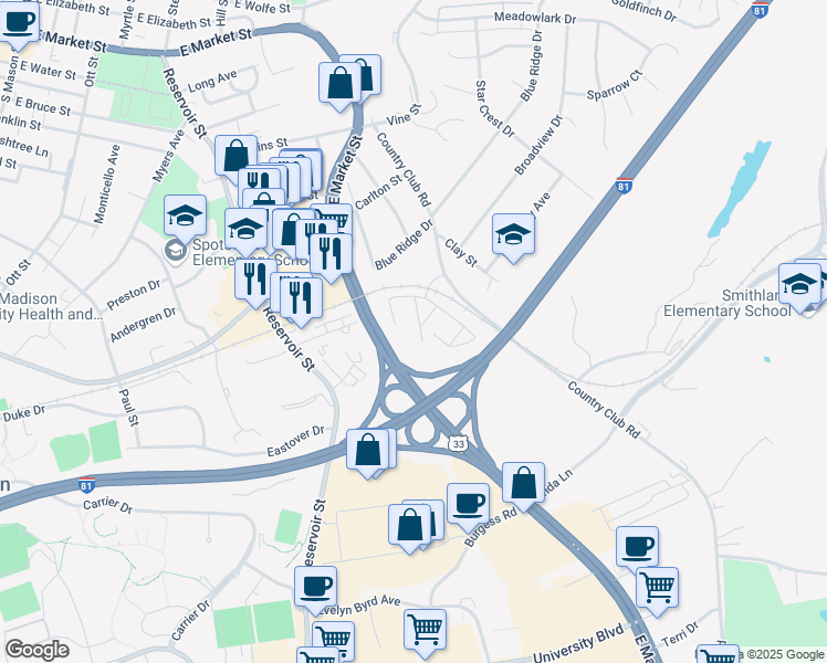 map of restaurants, bars, coffee shops, grocery stores, and more near 1255 Country Club Court in Harrisonburg