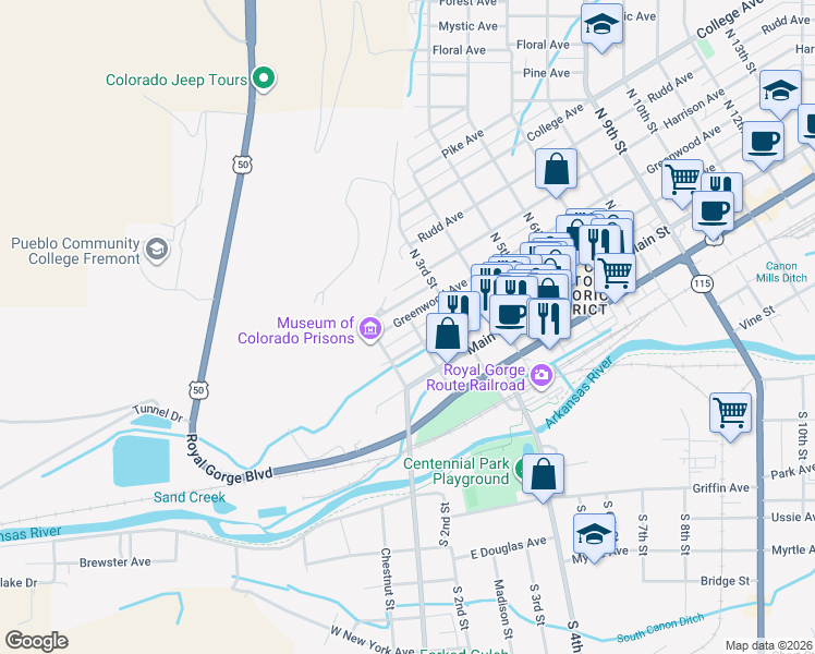 map of restaurants, bars, coffee shops, grocery stores, and more near 133 Greenwood Avenue in Cañon City