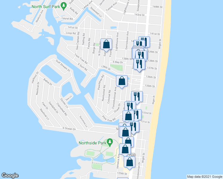 map of restaurants, bars, coffee shops, grocery stores, and more near 13326 Nantucket Road in Ocean City