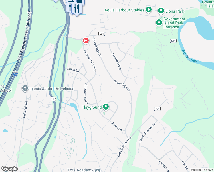 map of restaurants, bars, coffee shops, grocery stores, and more near 3 Woodflower Court in Stafford