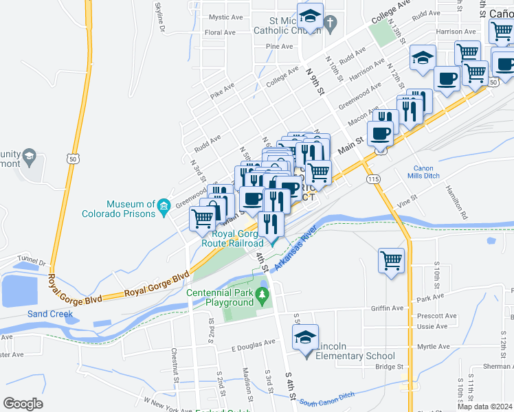 map of restaurants, bars, coffee shops, grocery stores, and more near 421 Main Street in Cañon City