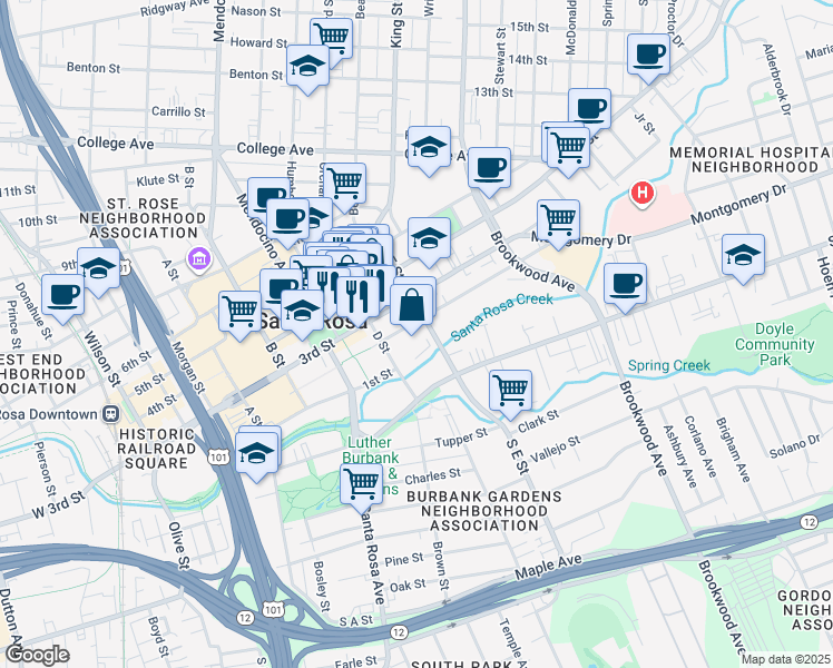 map of restaurants, bars, coffee shops, grocery stores, and more near in Santa Rosa