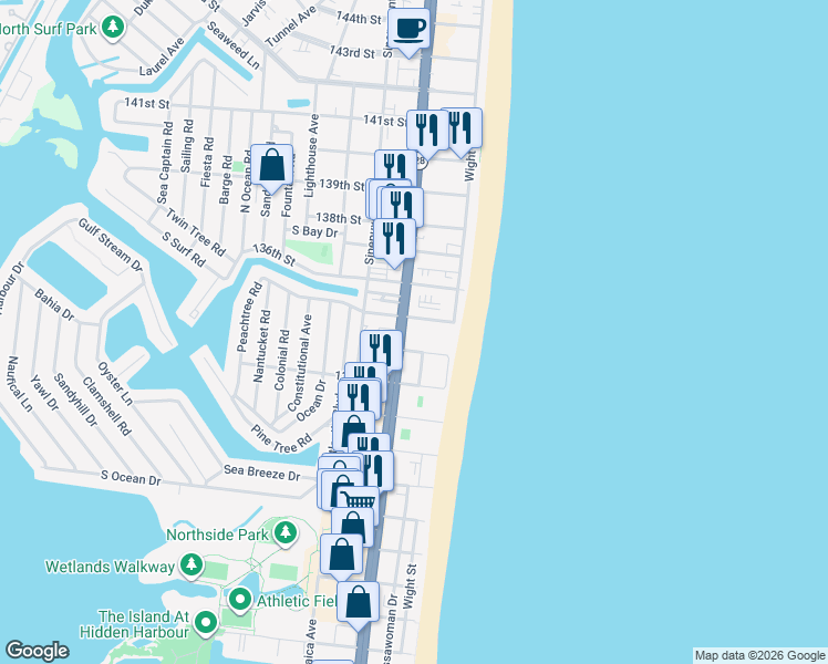 map of restaurants, bars, coffee shops, grocery stores, and more near 13400 Coastal Highway in Ocean City