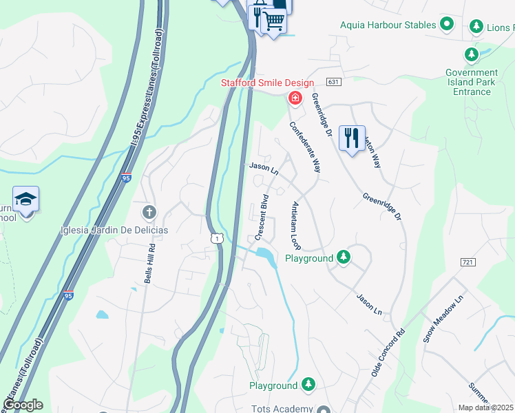 map of restaurants, bars, coffee shops, grocery stores, and more near 110 Pilot Knob Loop in Stafford