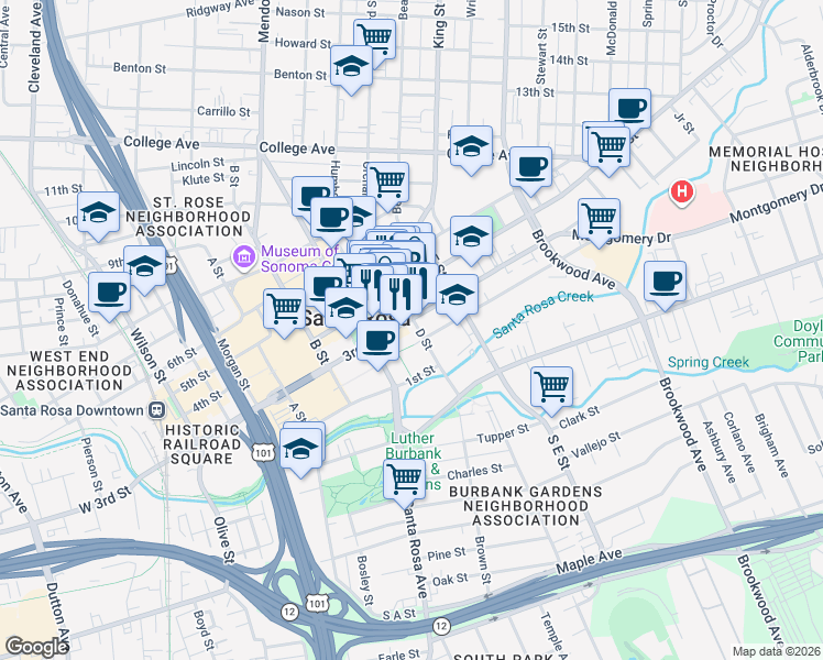 map of restaurants, bars, coffee shops, grocery stores, and more near 637 3rd Street in Santa Rosa