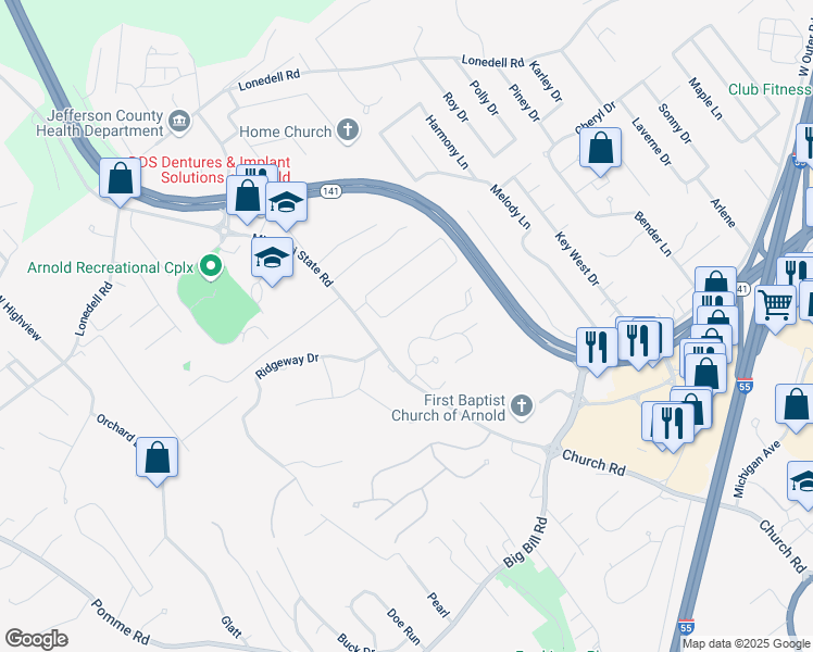 map of restaurants, bars, coffee shops, grocery stores, and more near 407 Woodland Villas in Arnold