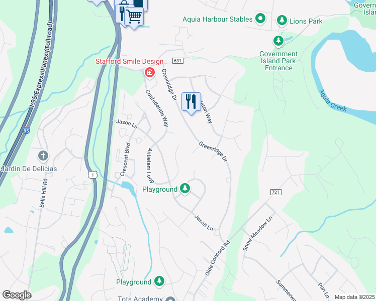 map of restaurants, bars, coffee shops, grocery stores, and more near 3 Woodflower Court in Stafford