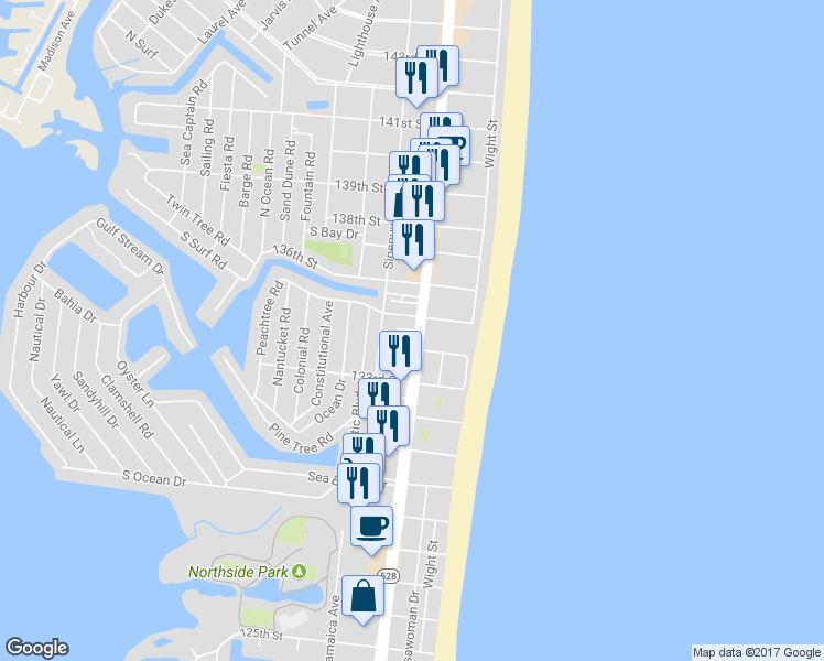 map of restaurants, bars, coffee shops, grocery stores, and more near Bea Lane in Ocean City