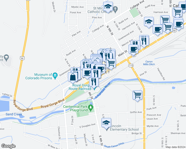 map of restaurants, bars, coffee shops, grocery stores, and more near 421 Main Street in Cañon City