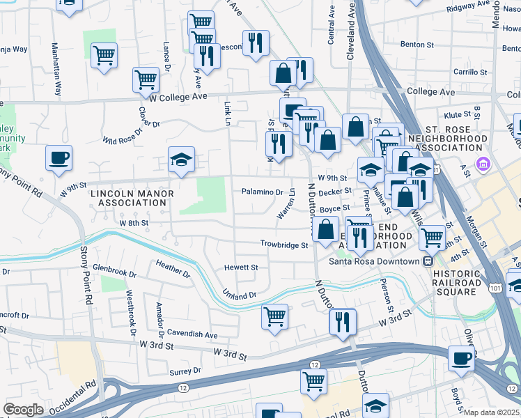 map of restaurants, bars, coffee shops, grocery stores, and more near 611 Sunny Manor Way in Santa Rosa