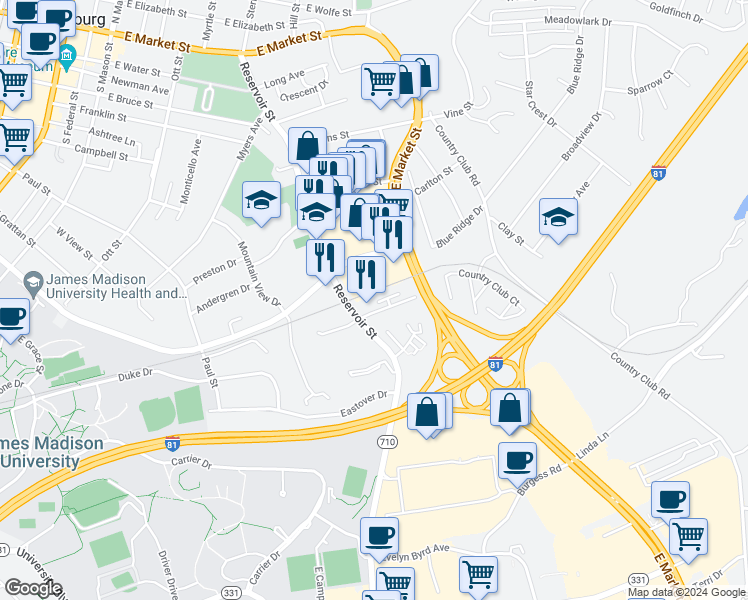 map of restaurants, bars, coffee shops, grocery stores, and more near 93 Dutch Mill Court in Harrisonburg