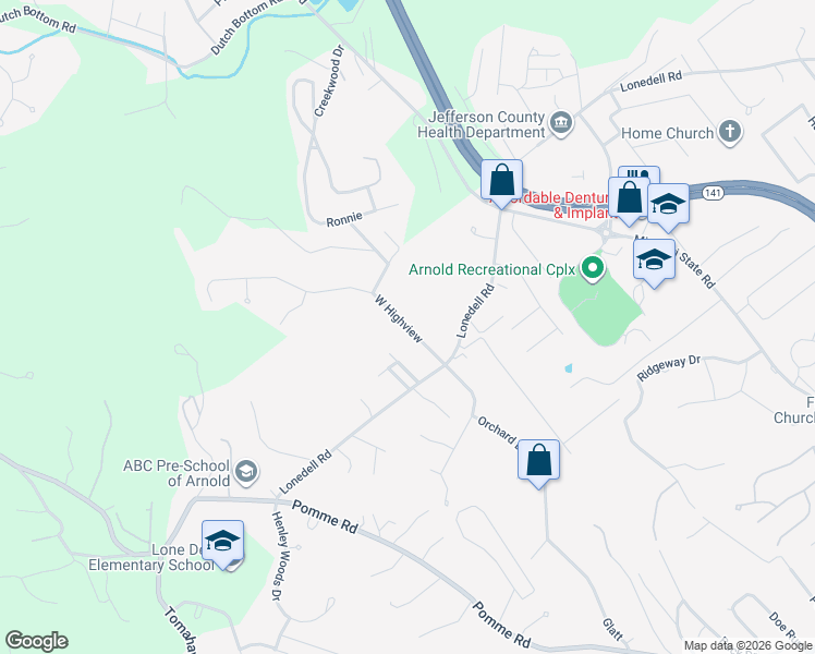 map of restaurants, bars, coffee shops, grocery stores, and more near 1646 West Highview in Arnold