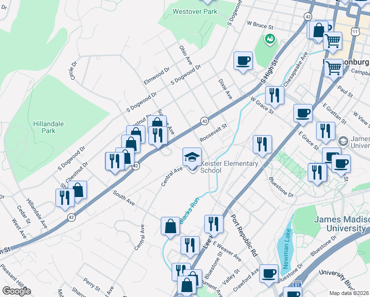 map of restaurants, bars, coffee shops, grocery stores, and more near 172 Logan Lane in Harrisonburg