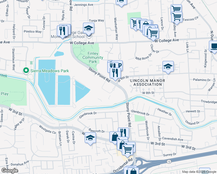 map of restaurants, bars, coffee shops, grocery stores, and more near 69 Stony Cir in Santa Rosa