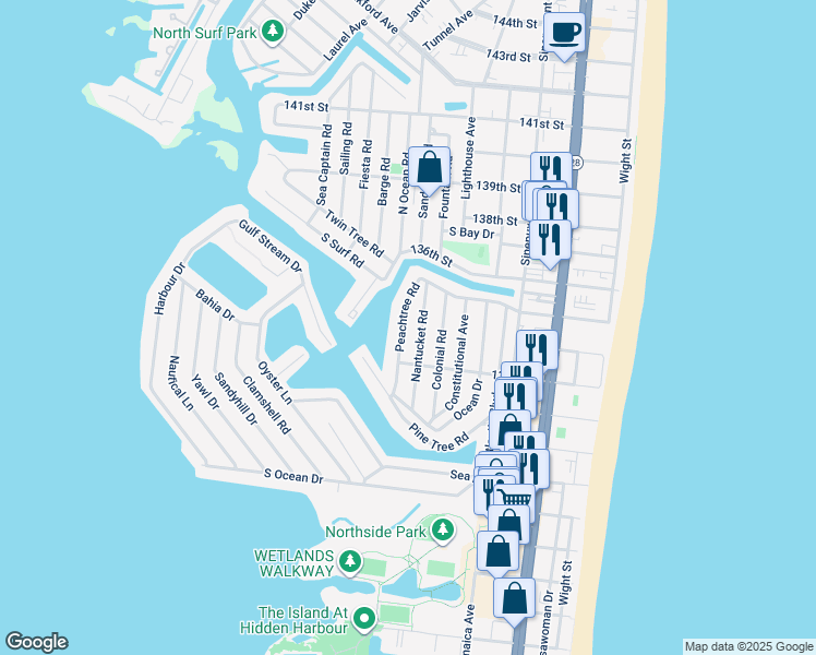 map of restaurants, bars, coffee shops, grocery stores, and more near 13318 Peachtree Road in Ocean City