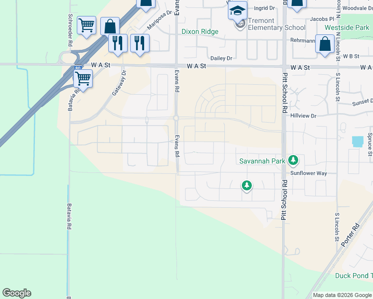 map of restaurants, bars, coffee shops, grocery stores, and more near 2465 George Lane in Dixon