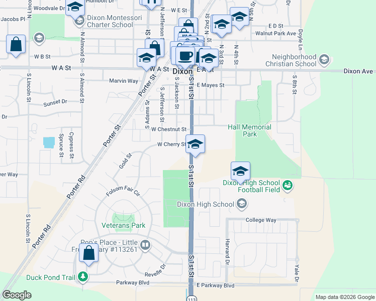 map of restaurants, bars, coffee shops, grocery stores, and more near 620 South 1st Street in Dixon