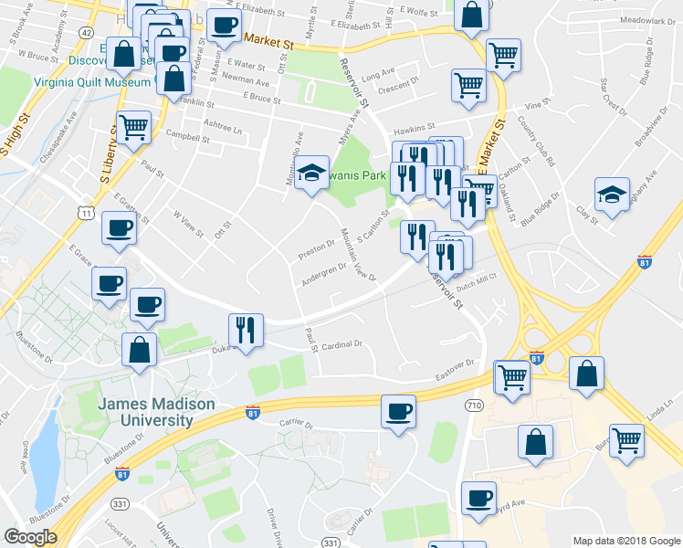 map of restaurants, bars, coffee shops, grocery stores, and more near 460 Andergren Drive in Harrisonburg