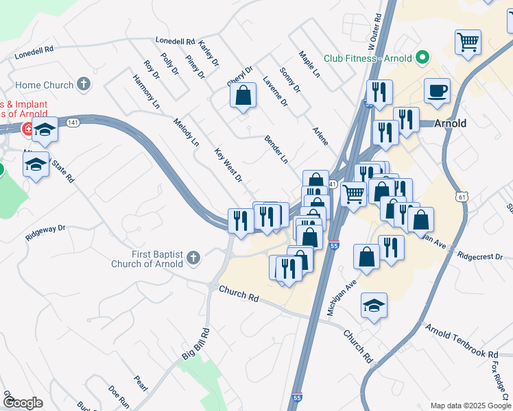 map of restaurants, bars, coffee shops, grocery stores, and more near 2033 Key West Drive in Arnold