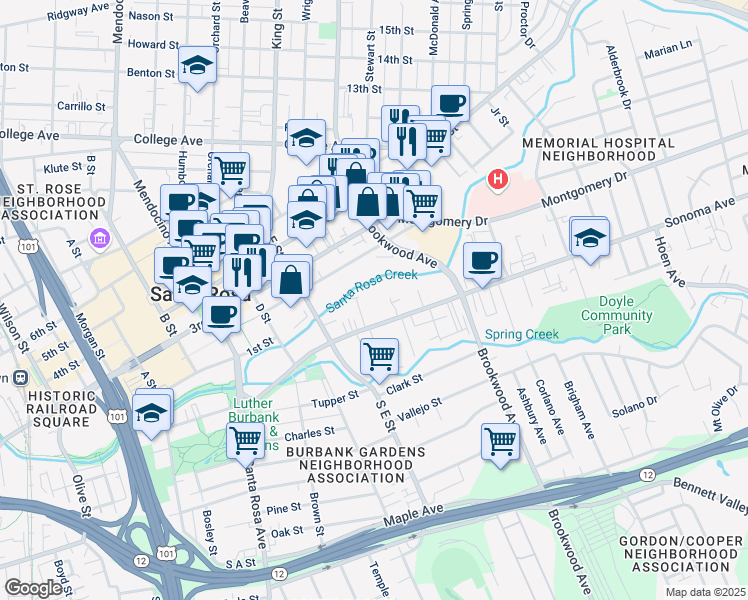 map of restaurants, bars, coffee shops, grocery stores, and more near 887 Sonoma Avenue in Santa Rosa