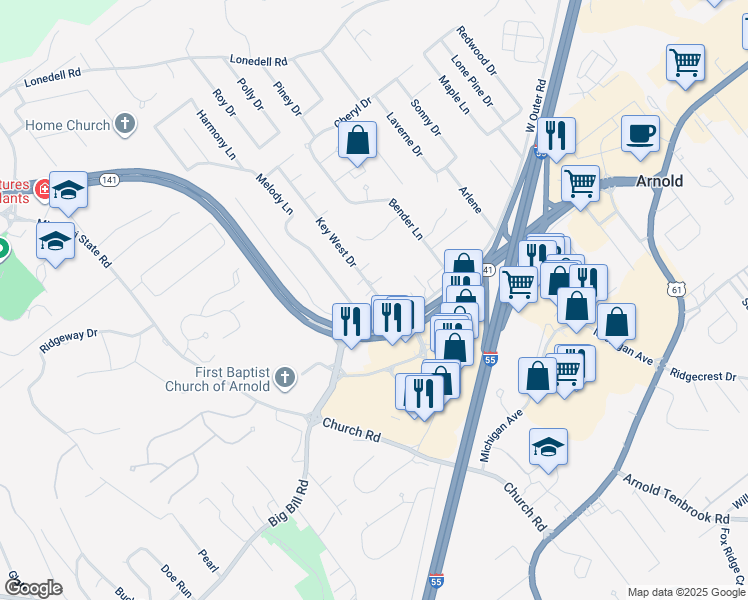 map of restaurants, bars, coffee shops, grocery stores, and more near 2048 Key West Drive in Arnold