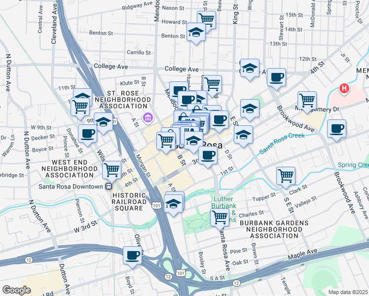 map of restaurants, bars, coffee shops, grocery stores, and more near 1350 S Eliseo Dr in Santa Rosa