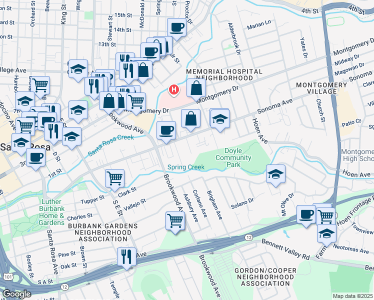 map of restaurants, bars, coffee shops, grocery stores, and more near 125 Glenwood Court in Santa Rosa