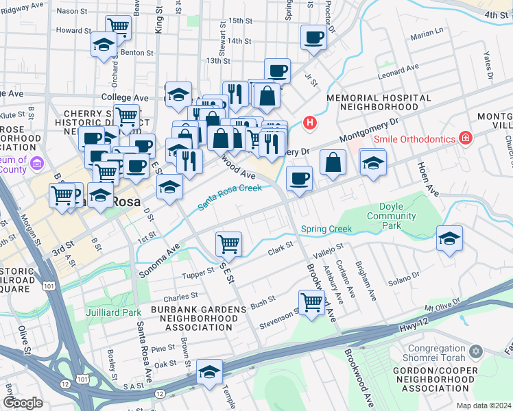 map of restaurants, bars, coffee shops, grocery stores, and more near 919 Sonoma Avenue in Santa Rosa