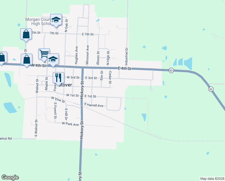 map of restaurants, bars, coffee shops, grocery stores, and more near 407 East 2nd Street in Stover