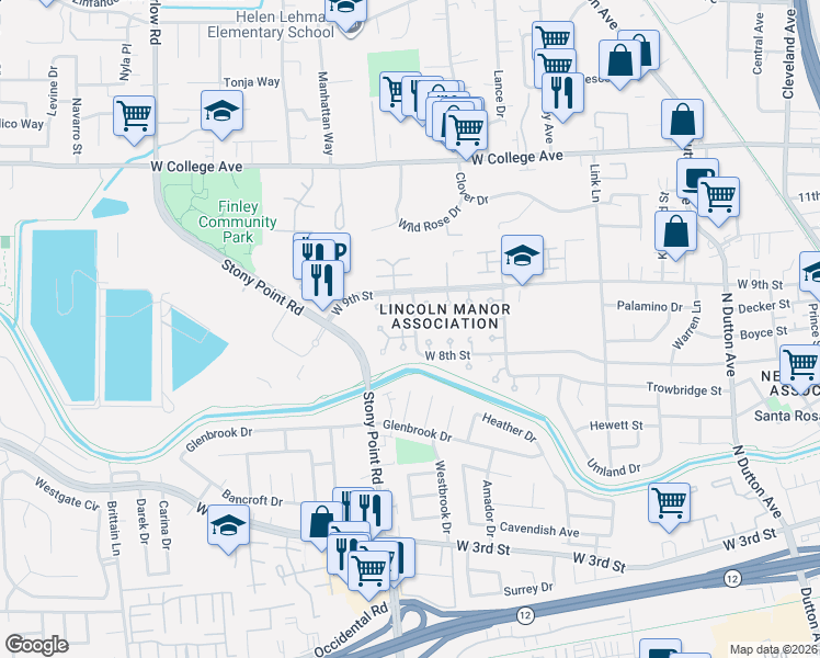 map of restaurants, bars, coffee shops, grocery stores, and more near 1001 Damon Court in Santa Rosa