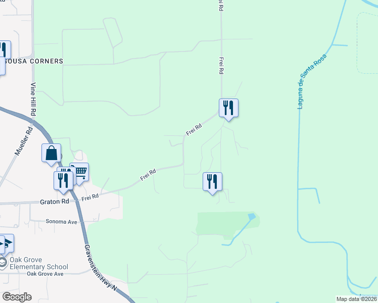 map of restaurants, bars, coffee shops, grocery stores, and more near 3695 Frei Road in Sebastopol