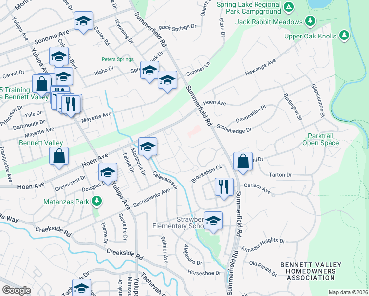 map of restaurants, bars, coffee shops, grocery stores, and more near 2312 Sierra Creek Circle in Santa Rosa