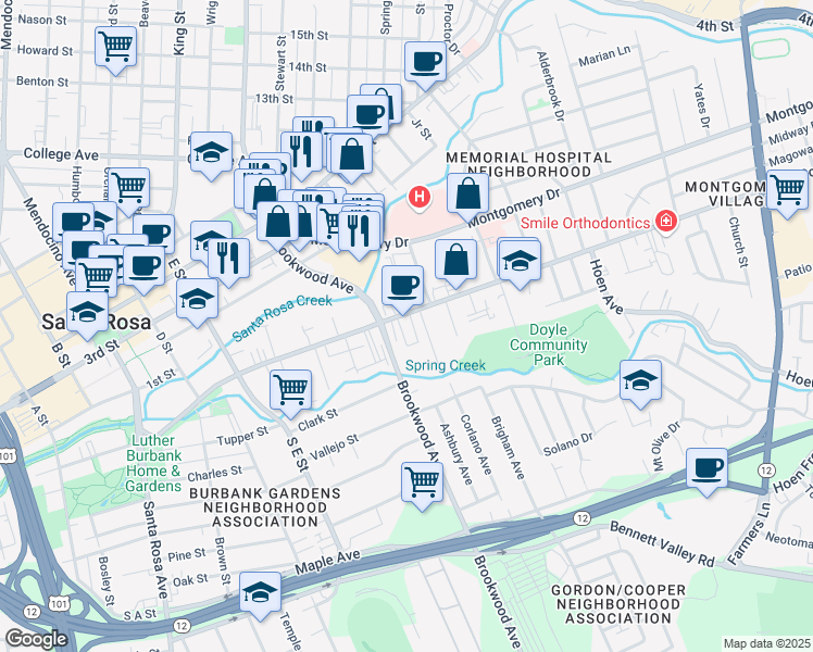 map of restaurants, bars, coffee shops, grocery stores, and more near 1000 Sonoma Avenue in Santa Rosa