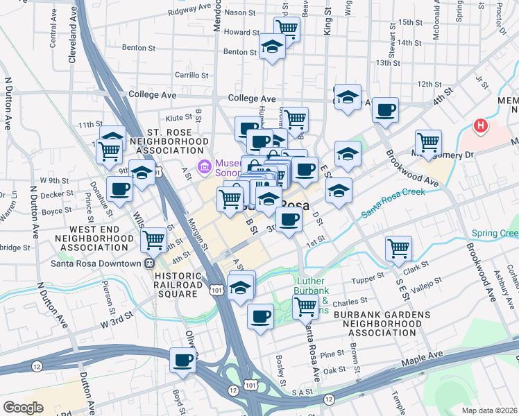 map of restaurants, bars, coffee shops, grocery stores, and more near 525 4th Street in Santa Rosa