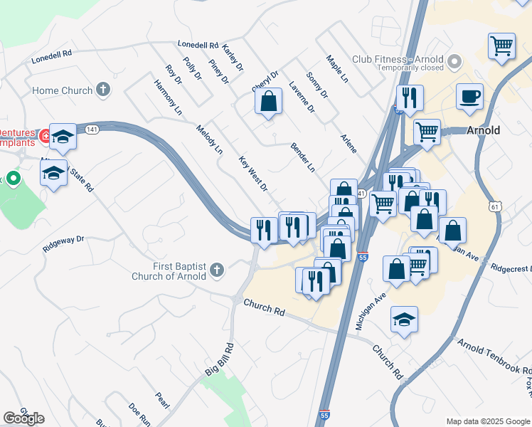 map of restaurants, bars, coffee shops, grocery stores, and more near 2014 Melody Lane in Arnold