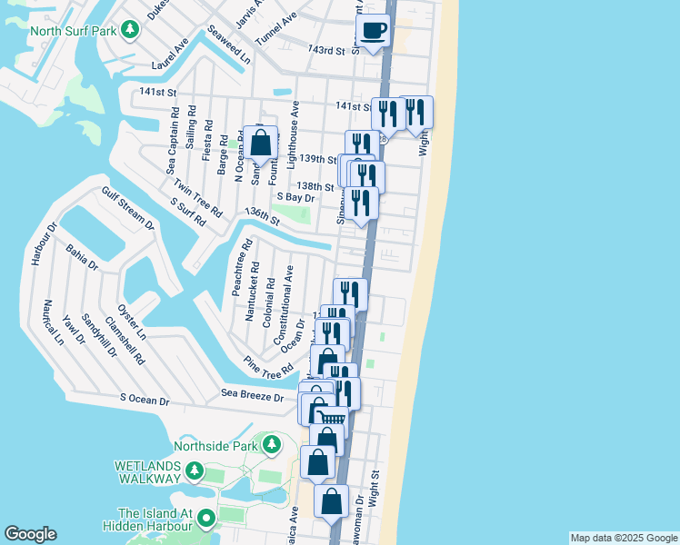 map of restaurants, bars, coffee shops, grocery stores, and more near Bea Lane in Ocean City