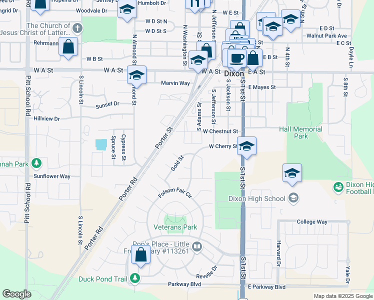map of restaurants, bars, coffee shops, grocery stores, and more near 1765 Gold Street in Dixon