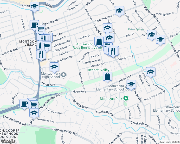 map of restaurants, bars, coffee shops, grocery stores, and more near 1225 Bertha Lane in Santa Rosa
